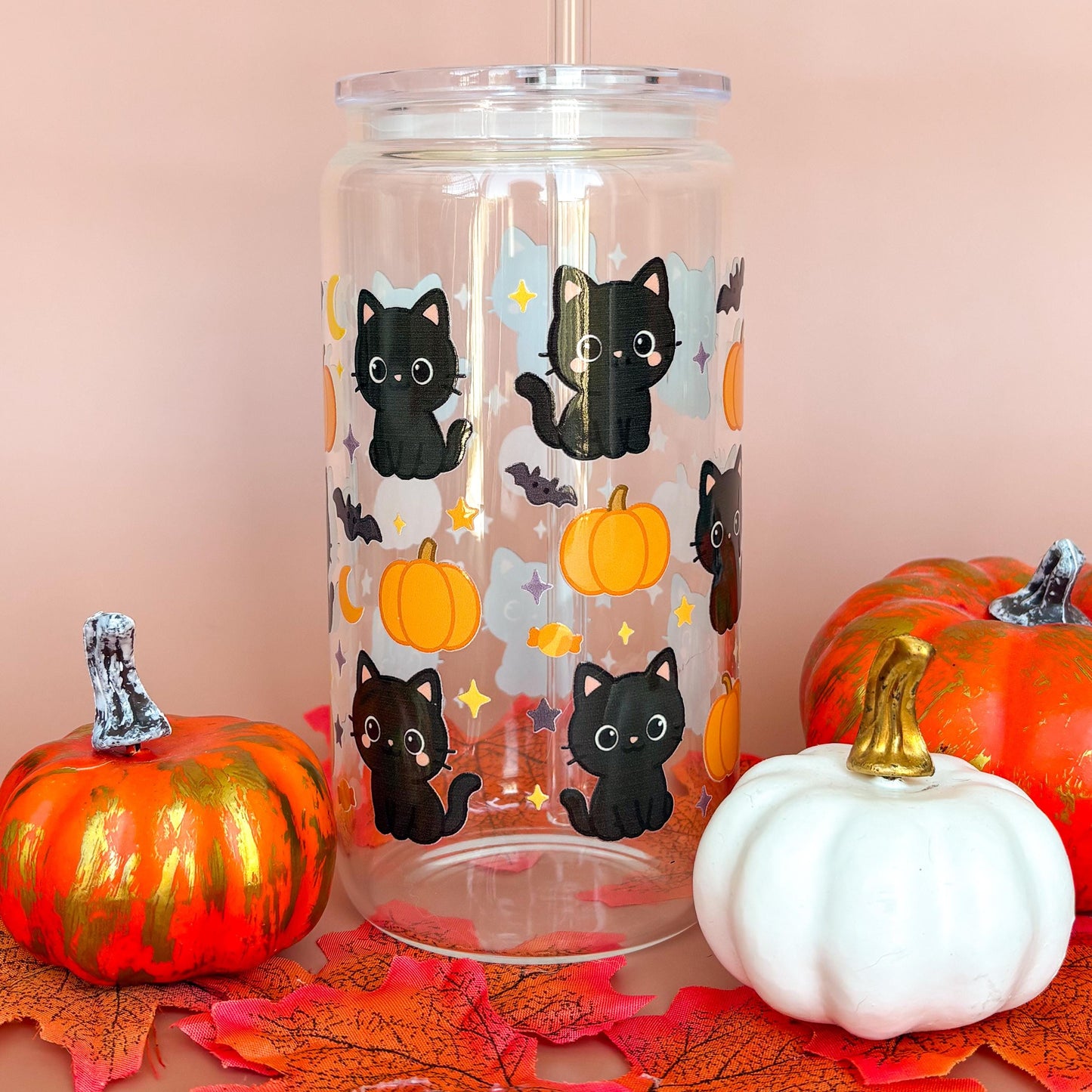 Glass Can Tumbler | Black Kitty | 16oz Iced Coffee Cup with Lid and Straw |