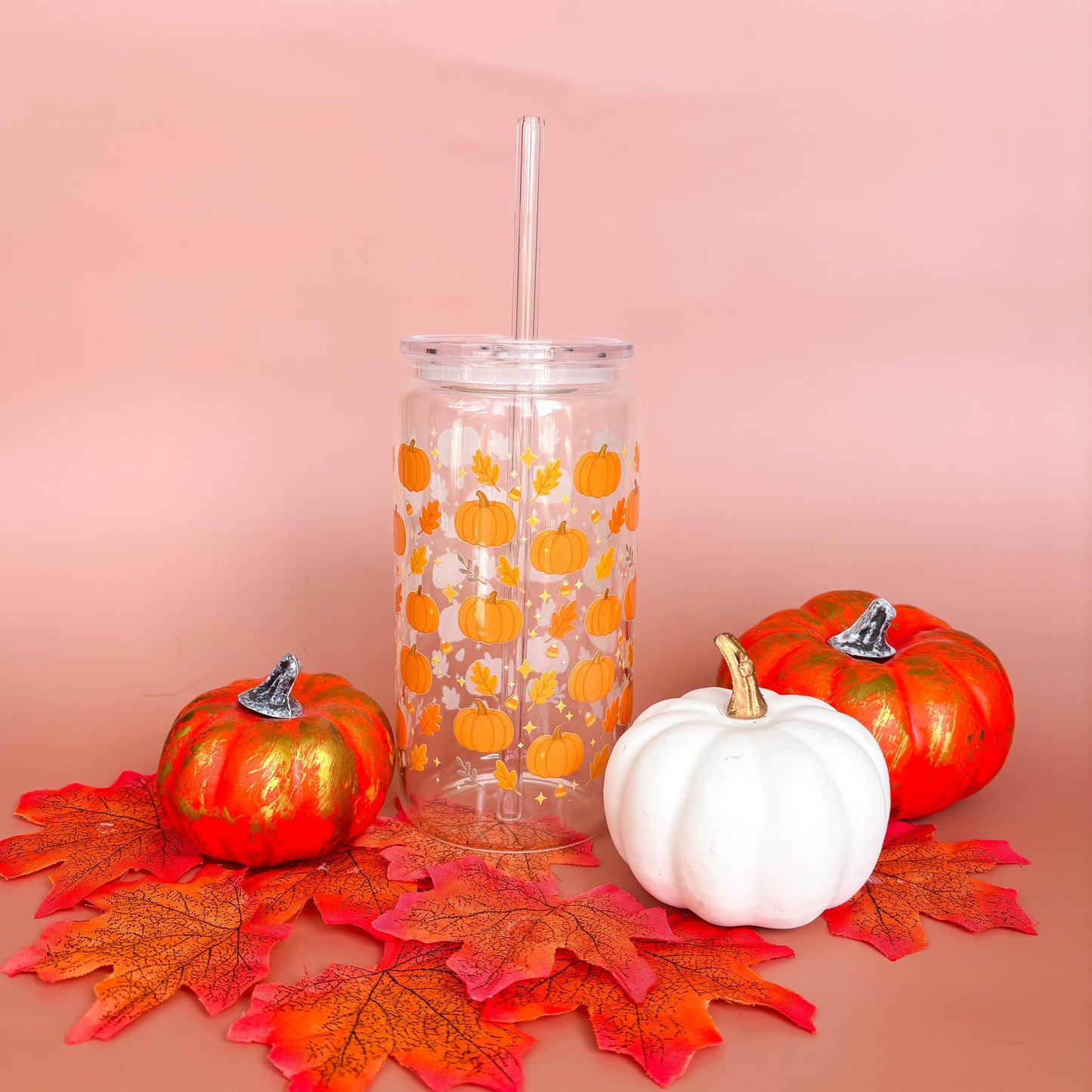 Glass Can Tumbler | Pumpkin Patch | 16oz Iced Coffee Cup with Lid and Straw |