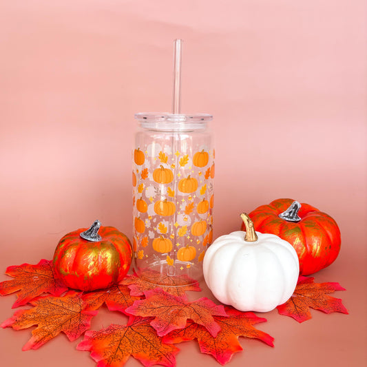 Glass Can Tumbler | Pumpkin Patch | 16oz Iced Coffee Cup with Lid and Straw |
