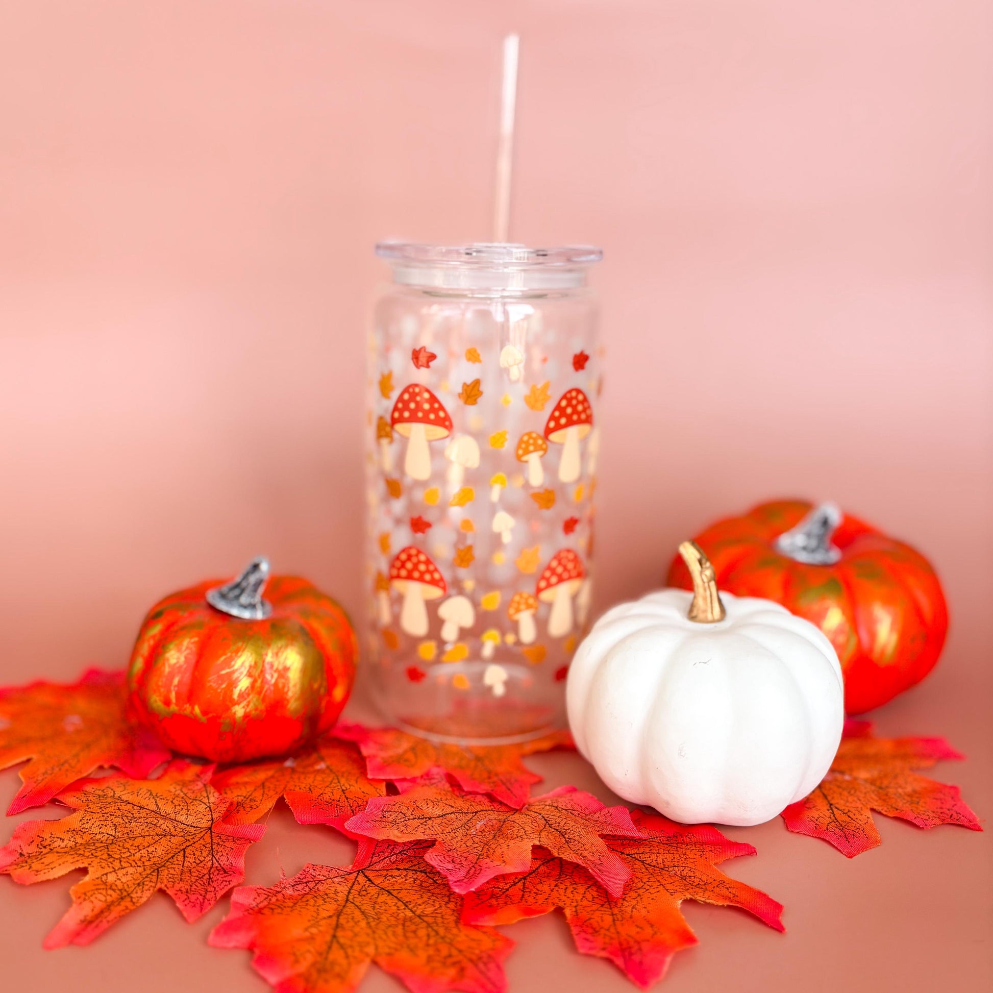 Glass Can Tumbler | Mushroom Forest | 16oz Iced Coffee Cup with Lid and Straw |