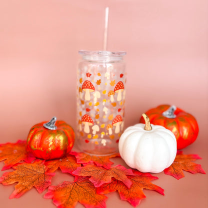 Glass Can Tumbler | Mushroom Forest | 16oz Iced Coffee Cup with Lid and Straw |