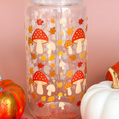 Glass Can Tumbler | Mushroom Forest | 16oz Iced Coffee Cup with Lid and Straw |