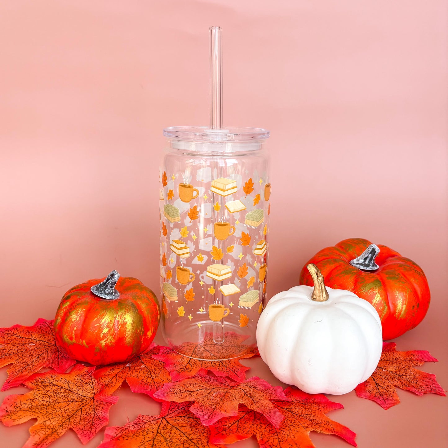 Glass Can Tumbler | Books and Brews | 16oz Iced Coffee Cup with Lid and Straw |