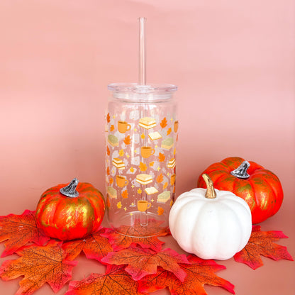 Glass Can Tumbler | Books and Brews | 16oz Iced Coffee Cup with Lid and Straw |