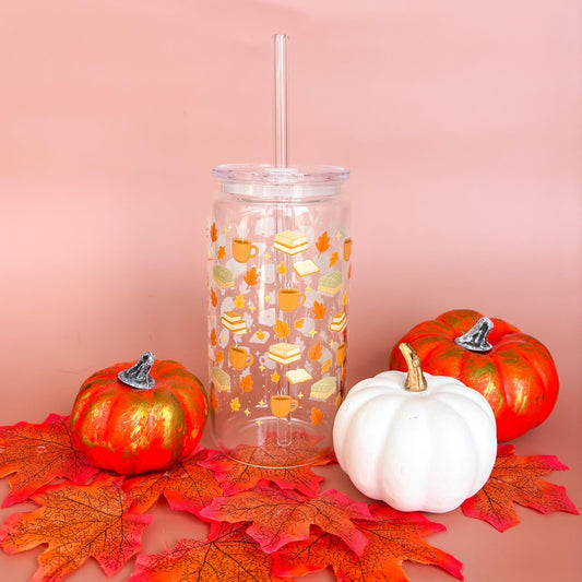 Glass Can Tumbler | Books and Brews | 16oz Iced Coffee Cup with Lid and Straw |