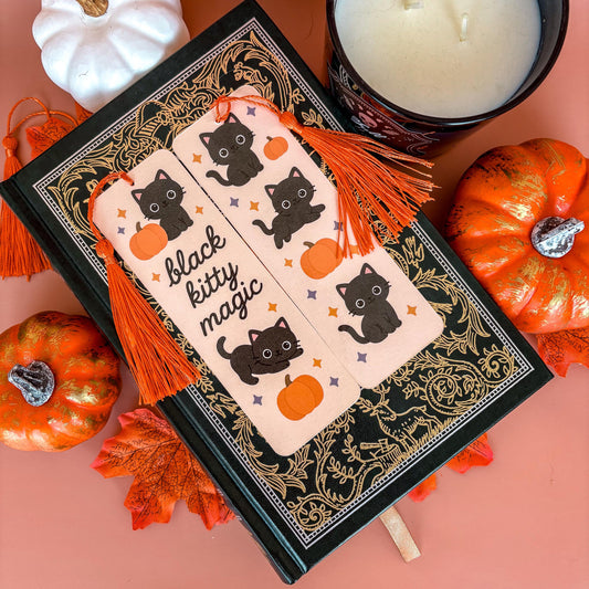 Black Kitty Magic | Double-Sided Bookmark with Tassel | Cute Fall - Halloween Gift for Book Lovers