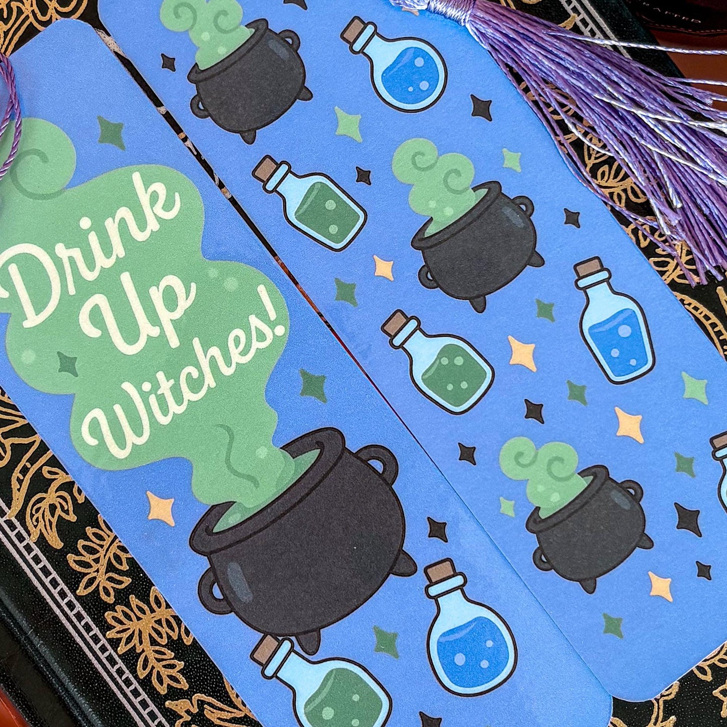 Drink up Witches! | Double-Sided Bookmark with Tassel | Cute Fall - Halloween Gift for Book Lovers