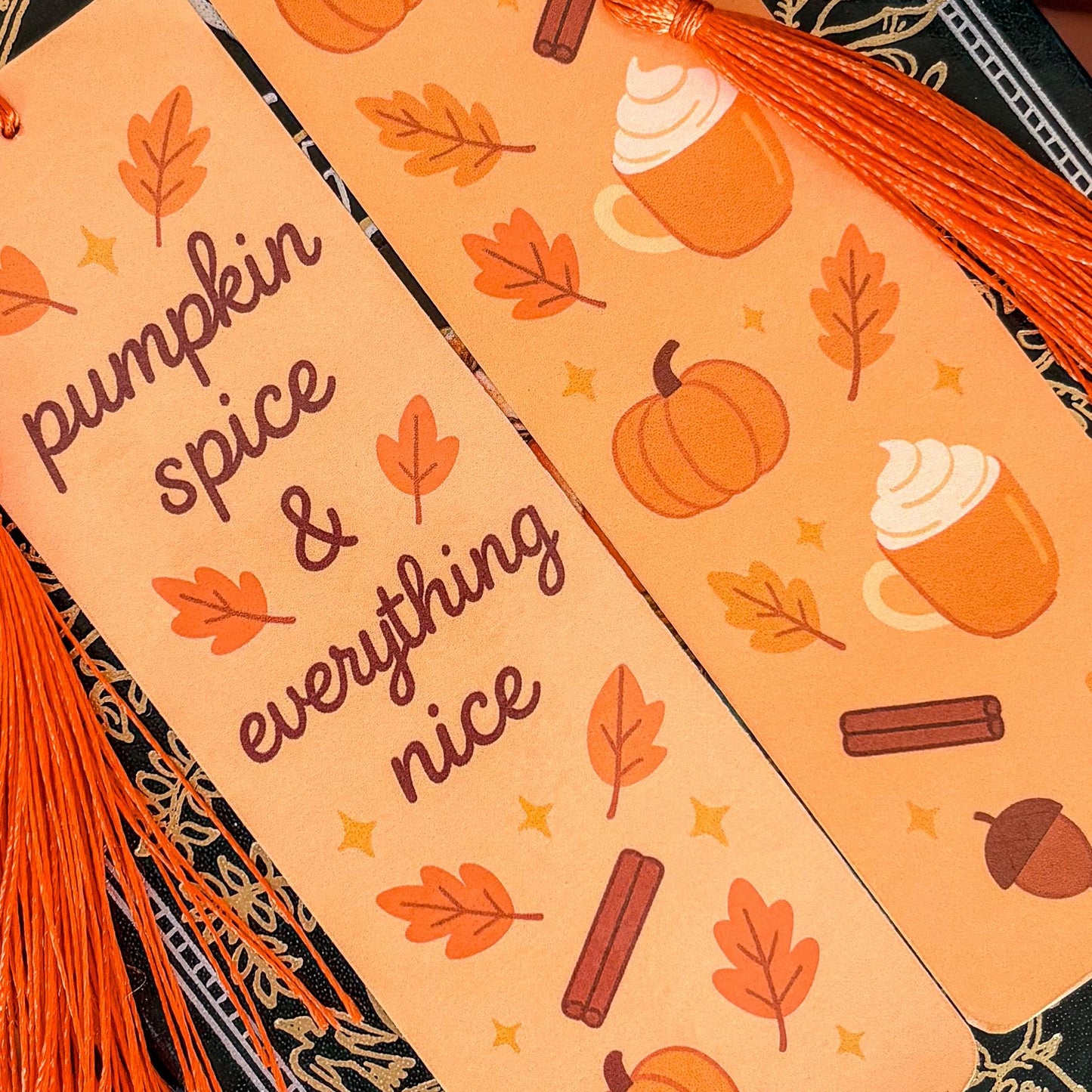 Pumpkin Spice Bookmark with Tassel | Double-Sided Laminated | Gift for Book Lover