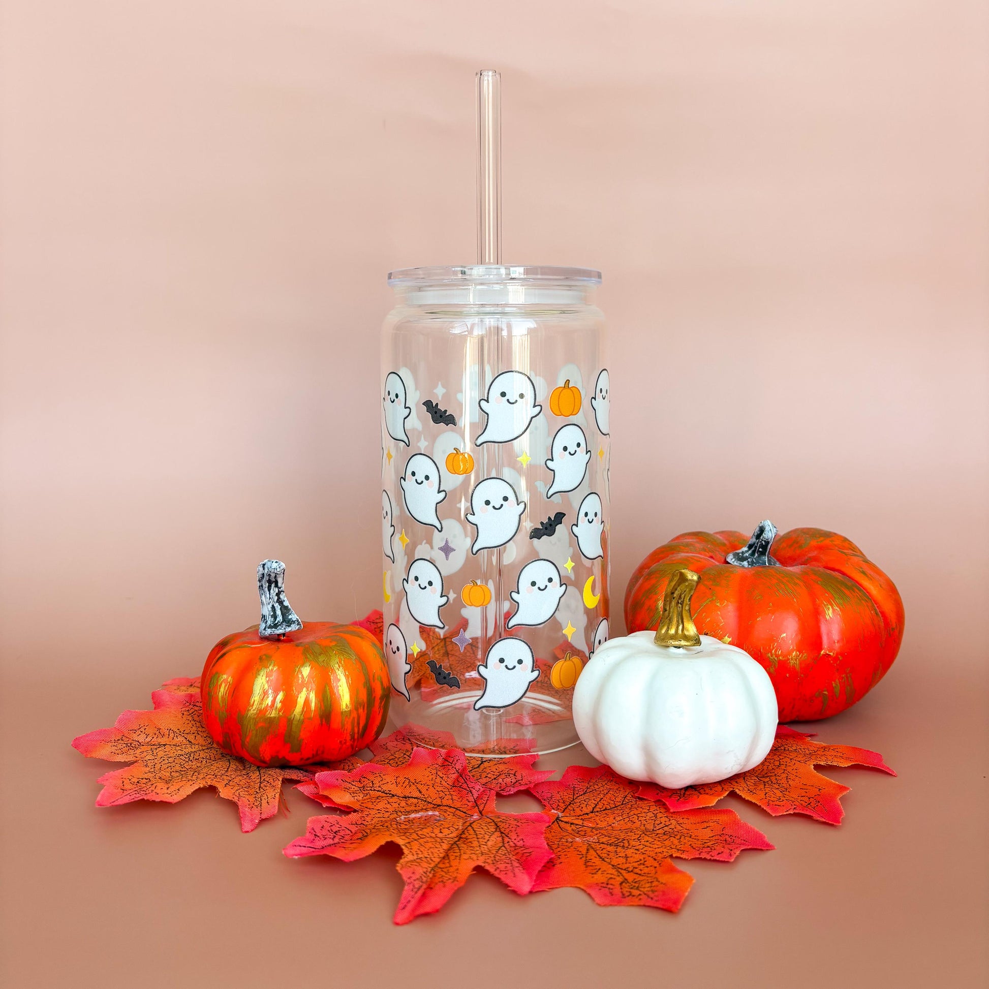 Glass Can Tumbler | Ghosties and Bats | 16oz Iced Coffee Cup with Lid and Straw |