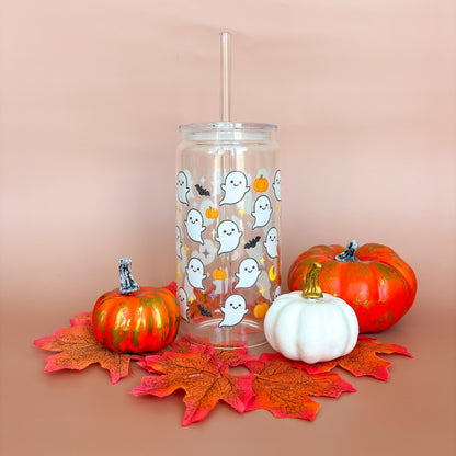 Glass Can Tumbler | Ghosties and Bats | 16oz Iced Coffee Cup with Lid and Straw |