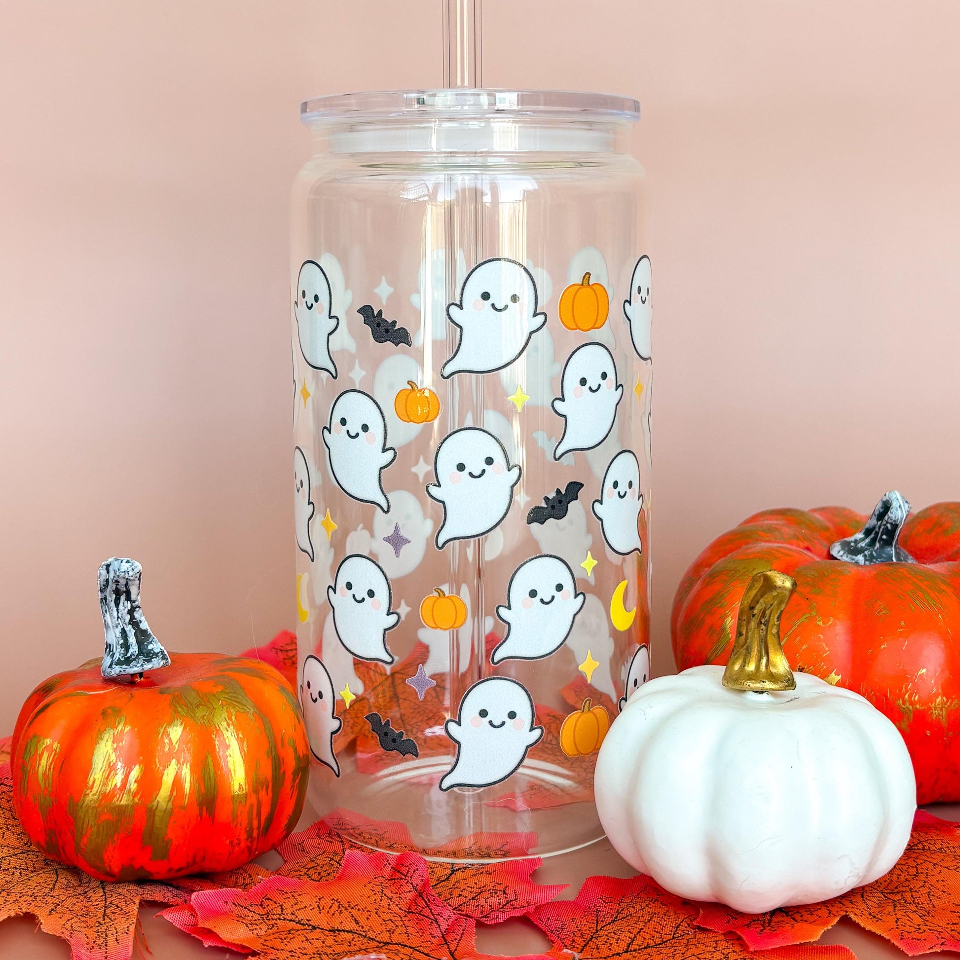 Glass Can Tumbler | Ghosties and Bats | 16oz Iced Coffee Cup with Lid and Straw |