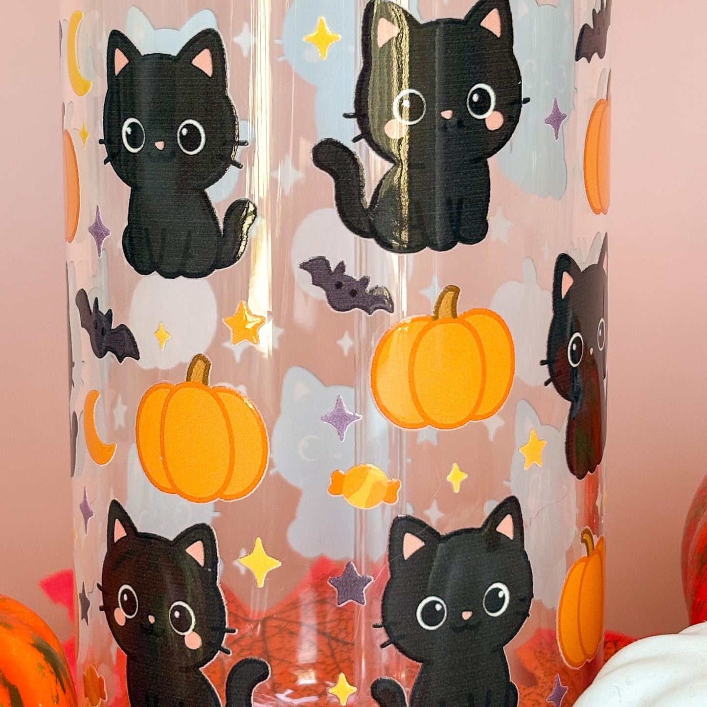 Glass Can Tumbler | Black Kitty | 16oz Iced Coffee Cup with Lid and Straw |