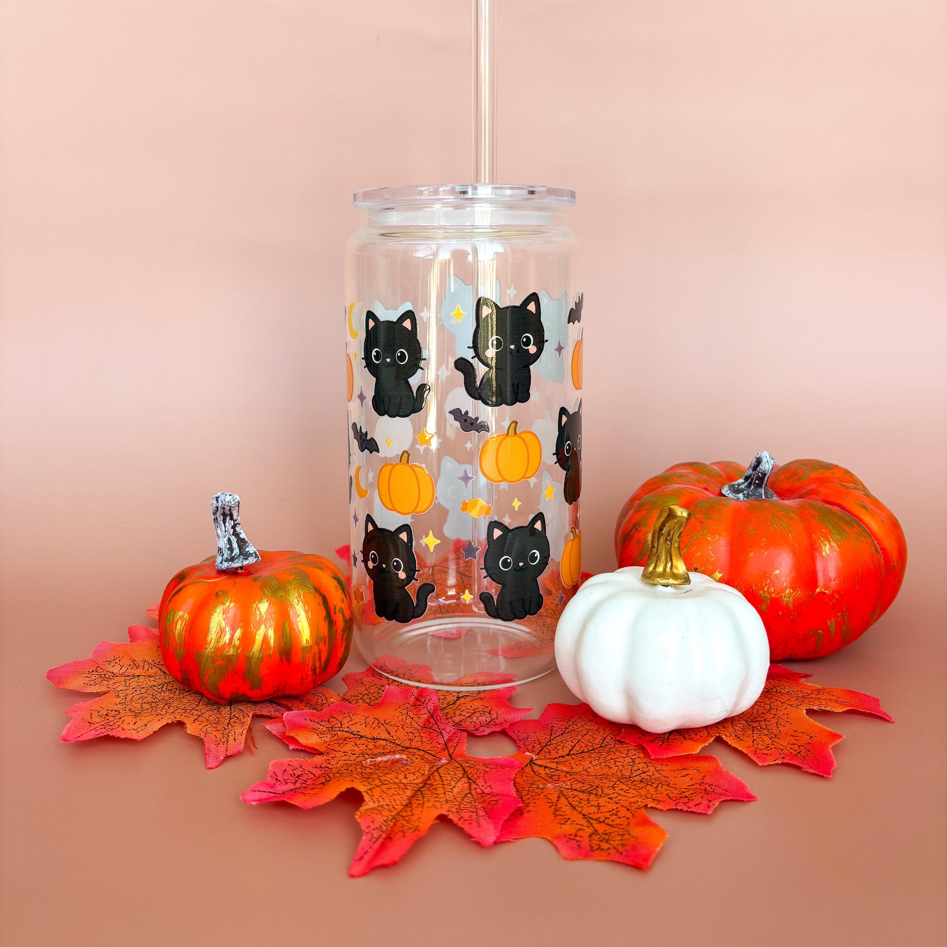 Glass Can Tumbler | Black Kitty | 16oz Iced Coffee Cup with Lid and Straw |