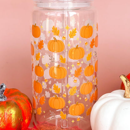 Glass Can Tumbler | Pumpkin Patch | 16oz Iced Coffee Cup with Lid and Straw |
