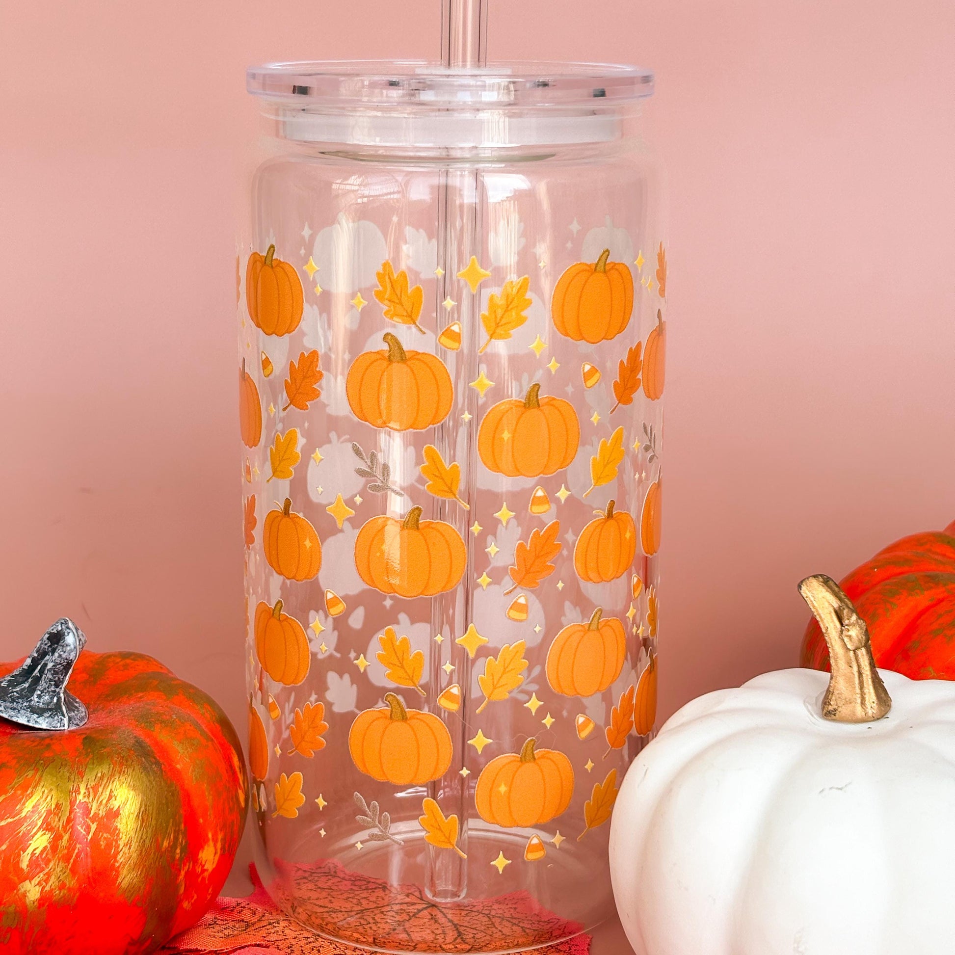 Glass Can Tumbler | Pumpkin Patch | 16oz Iced Coffee Cup with Lid and Straw |
