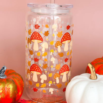 Glass Can Tumbler | Mushroom Forest | 16oz Iced Coffee Cup with Lid and Straw |