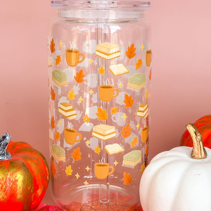 Glass Can Tumbler | Books and Brews | 16oz Iced Coffee Cup with Lid and Straw |