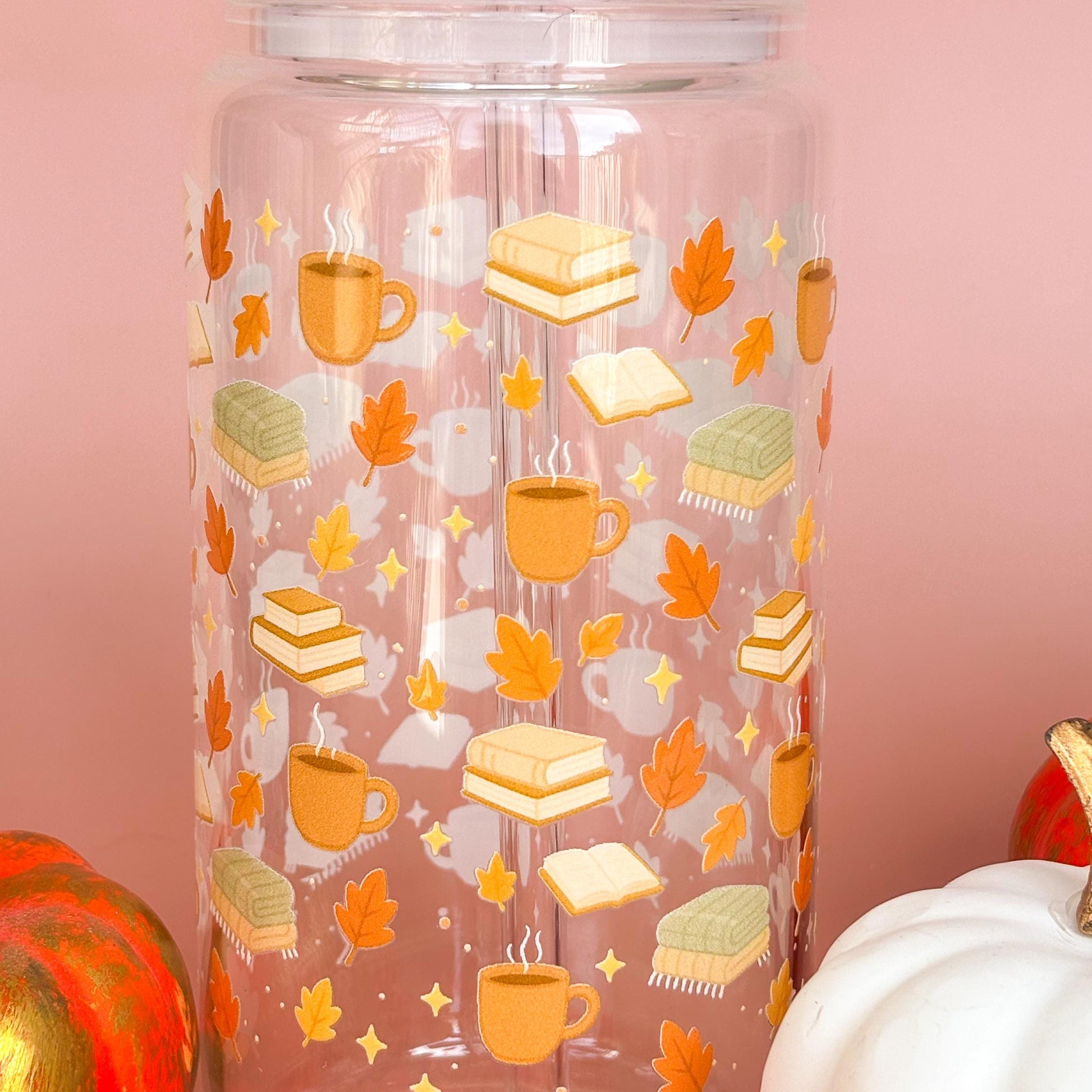 Glass Can Tumbler | Books and Brews | 16oz Iced Coffee Cup with Lid and Straw |