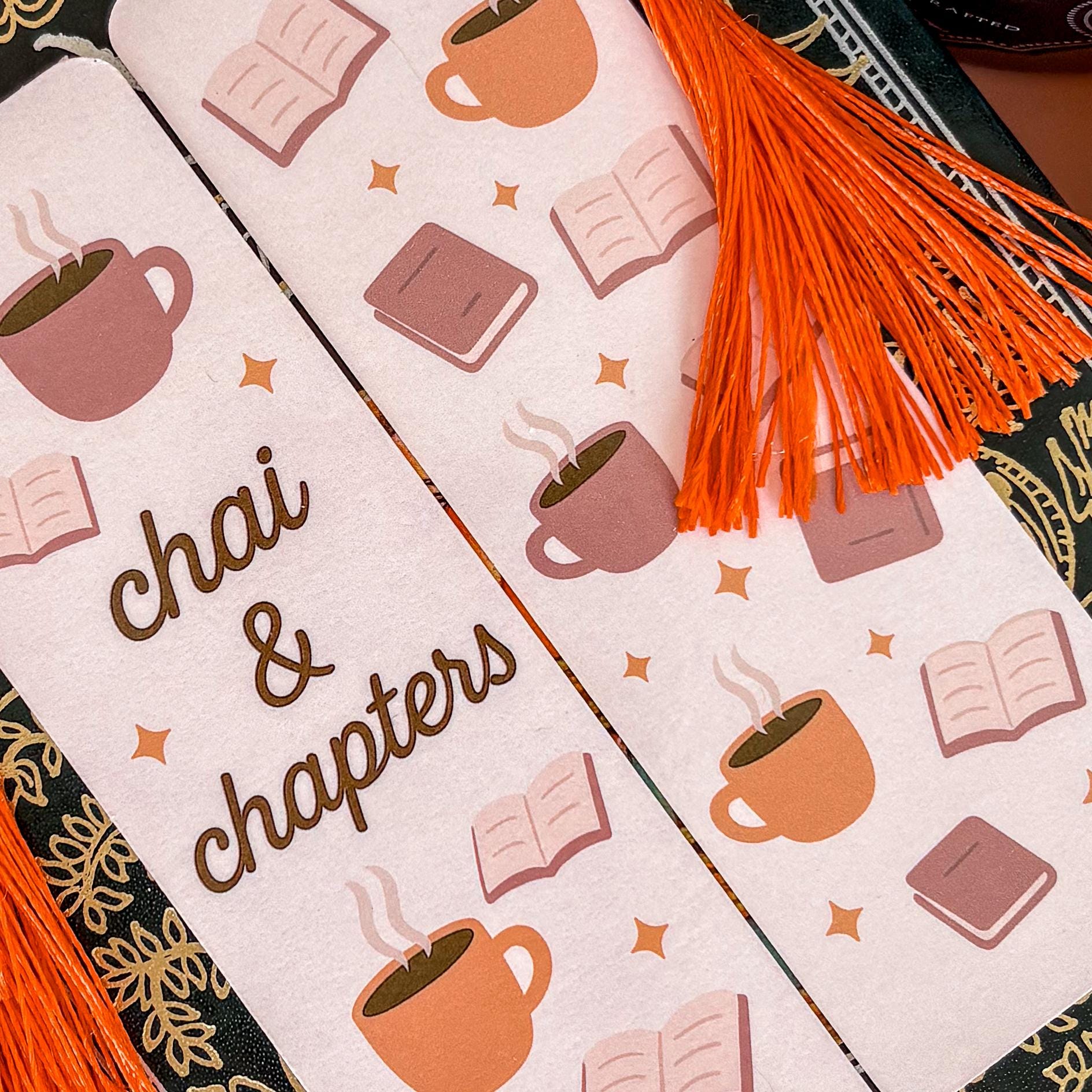Chai & Chapters Bookmark with Tassel | Double-Sided Laminated | Gift for Book Lover