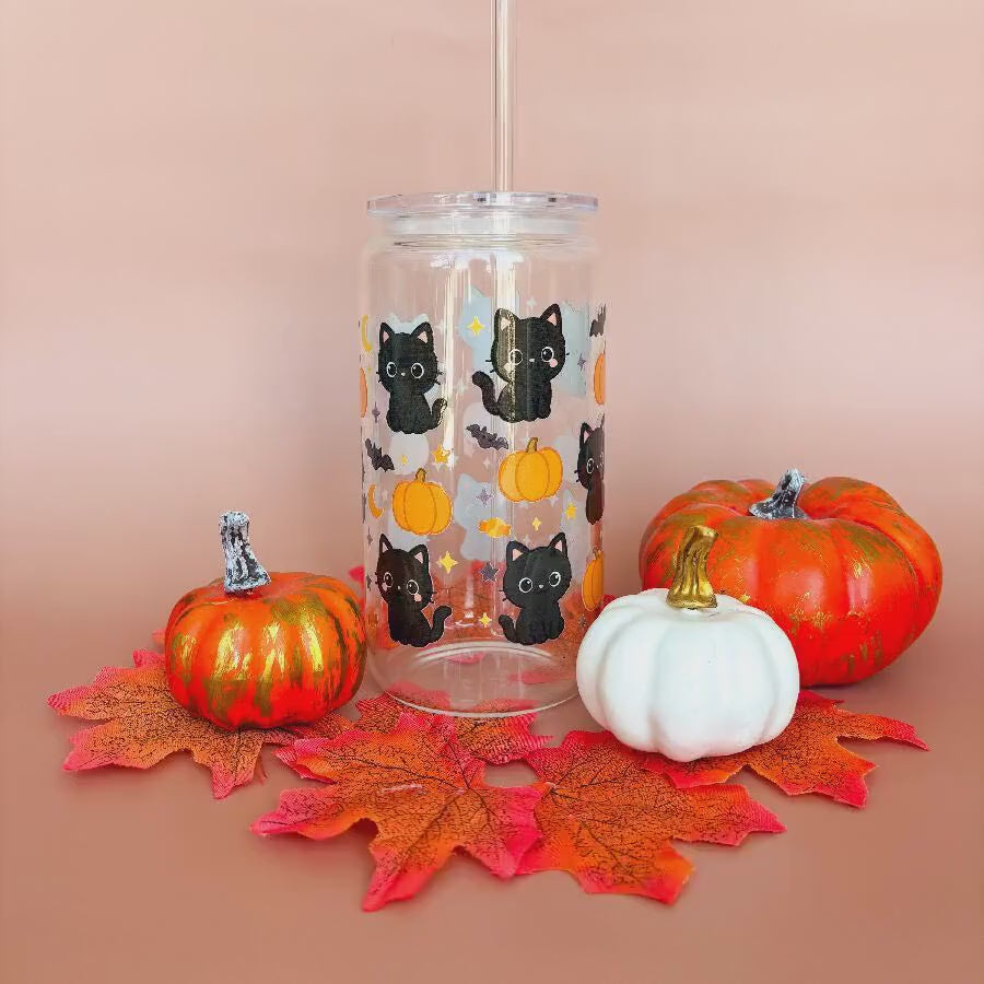 Glass Can Tumbler | Black Kitty | 16oz Iced Coffee Cup with Lid and Straw |