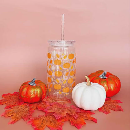 Glass Can Tumbler | Pumpkin Patch | 16oz Iced Coffee Cup with Lid and Straw |