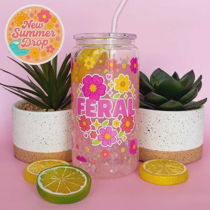 Glass Can Tumbler | Feral | 16oz Iced Coffee Cup with Lid and Straw |