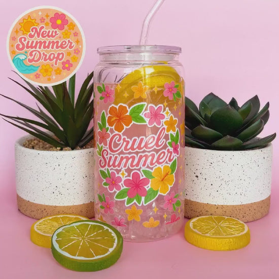 Glass Can Tumbler | Cruel Summer | 16oz Iced Coffee Cup with Lid and Straw |