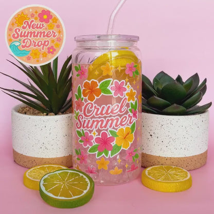 Glass Can Tumbler | Cruel Summer | 16oz Iced Coffee Cup with Lid and Straw |