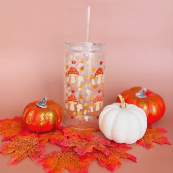 Glass Can Tumbler | Mushroom Forest | 16oz Iced Coffee Cup with Lid and Straw |