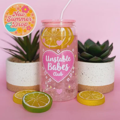 Glass Can Tumbler | Unstable Babes Club | 16oz Iced Coffee Cup with Lid and Straw |