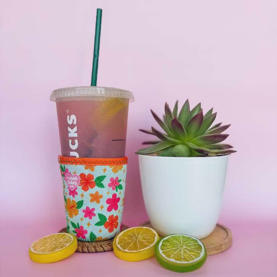 Floral Coffee Cozy: Neoprene Iced Drink Sleeve - Unstable Babes Club