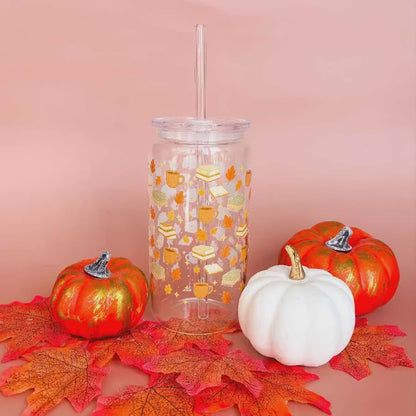 Glass Can Tumbler | Books and Brews | 16oz Iced Coffee Cup with Lid and Straw |