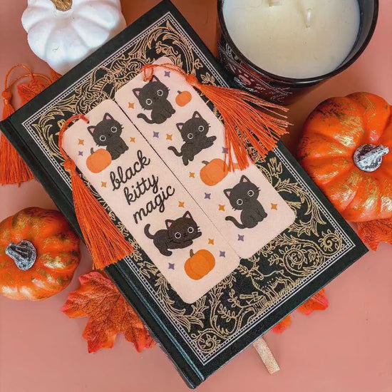 Black Kitty Magic | Double-Sided Bookmark with Tassel | Cute Fall - Halloween Gift for Book Lovers