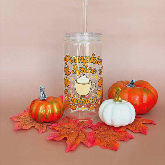 Glass Can Tumbler | Pumpkin Spice Season | 16oz Iced Coffee Cup with Lid and Straw |