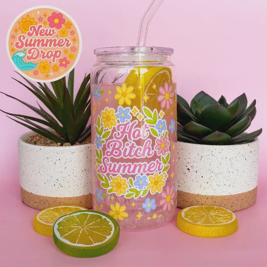 Glass Can Tumbler | Hot B*tch Summer | 16oz Iced Coffee Cup with Lid and Straw |