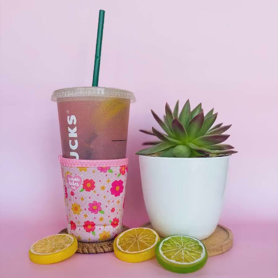 Floral Iced Coffee Cozy: Pink Neoprene Cup Sleeve - Unstable Babes Club