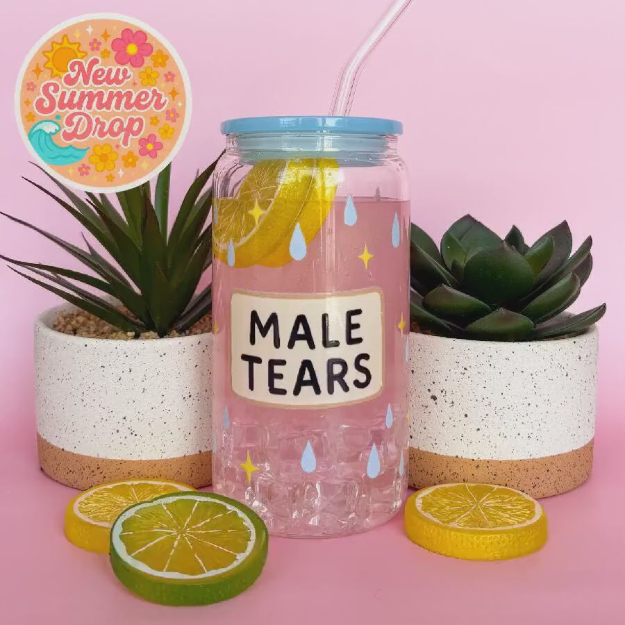 Glass Can Tumbler | Male Tears | 16oz Iced Coffee Cup with Lid and Straw |