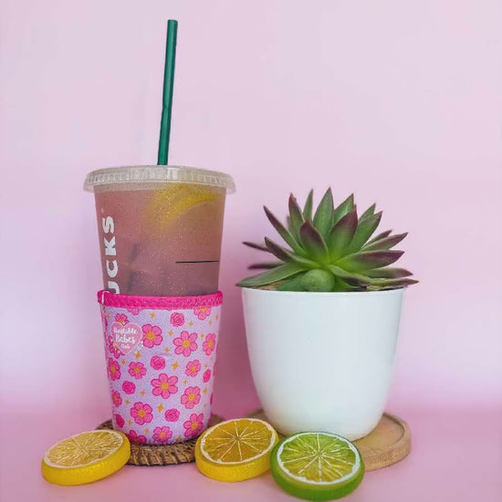 Floral Iced Coffee Cozy: Pink Neoprene Cup Sleeve - Unstable Babes Club