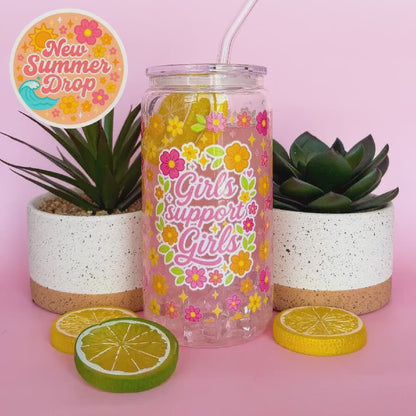 Glass Can Tumbler | Girls Support Girls | 16oz Iced Coffee Cup with Lid and Straw |