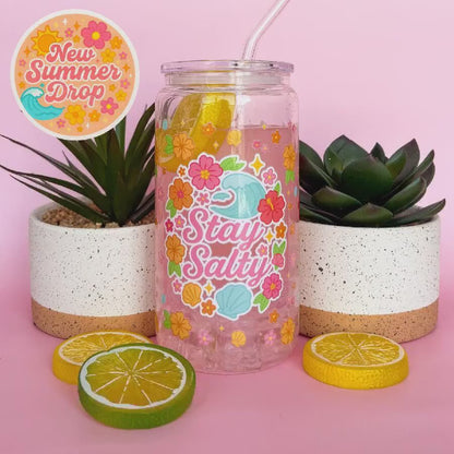 Glass Can Tumbler | Stay Salty | 16oz Iced Coffee Cup with Lid and Straw |
